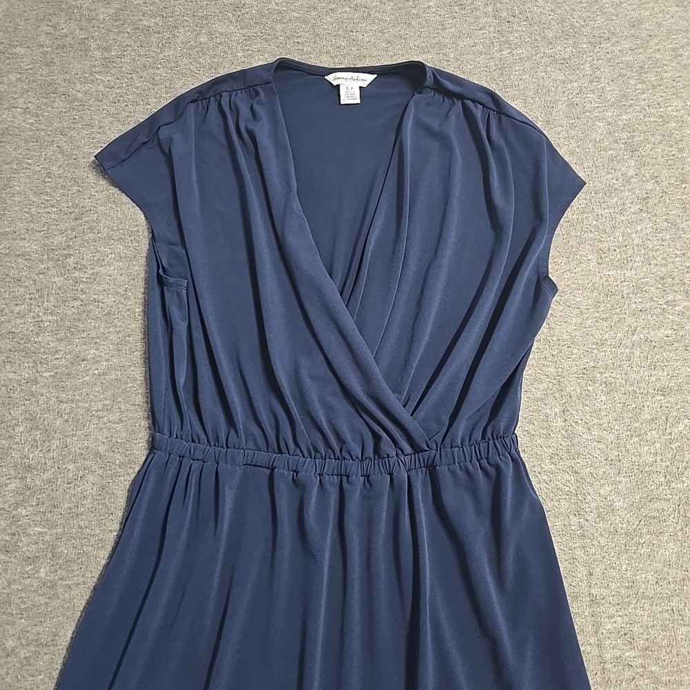 Tommy Bahama Shirt Dress Womens Small S/P Midi Navy Blue Short Sleeve V Neck